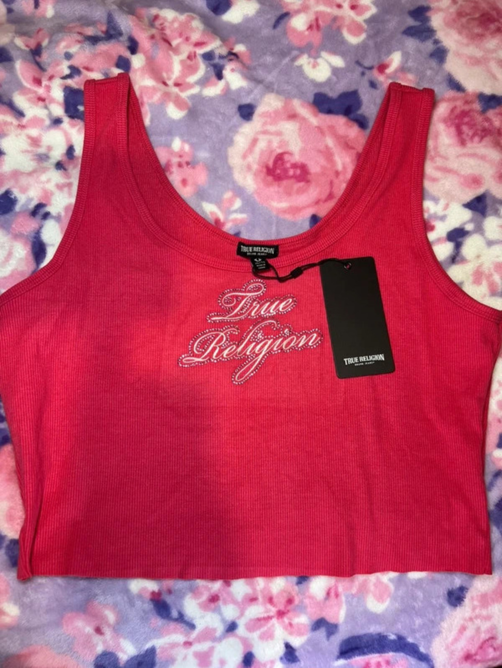 True Religion Pink Rhinestone Ribbed Tank Top NWT XL
